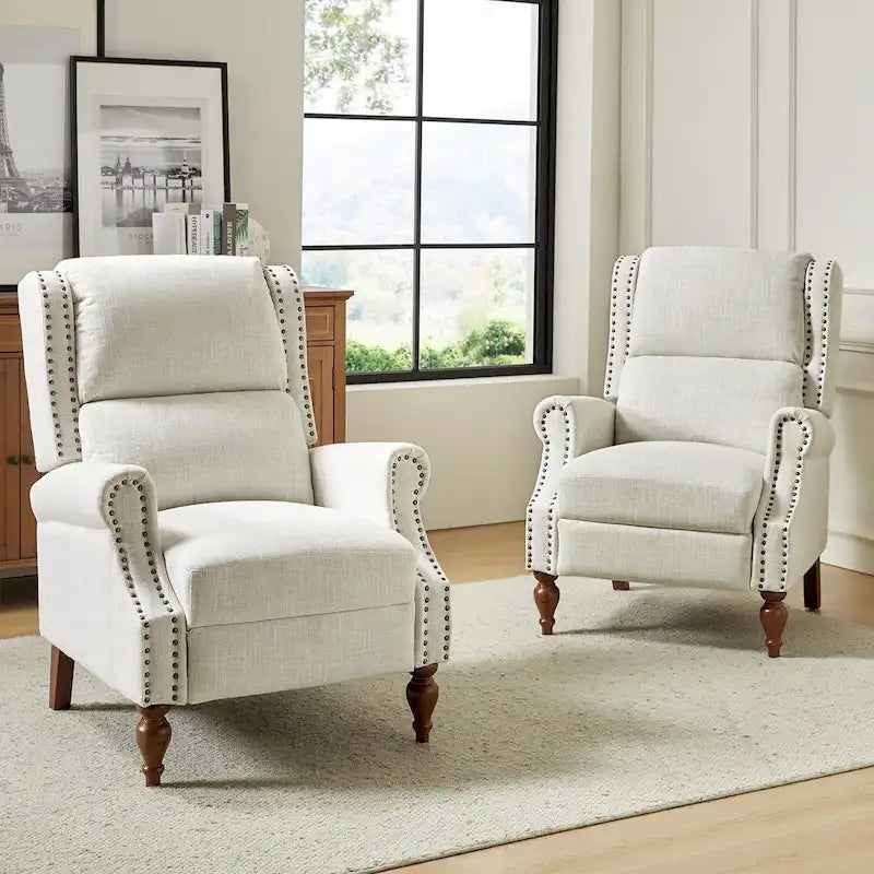 Traditional Roll Arm Manual Recliner with Solid Wood Legs, Set of 2