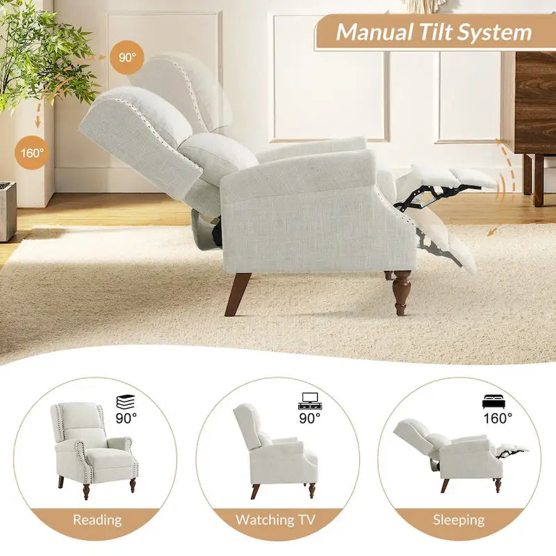 Traditional Roll Arm Manual Recliner with Solid Wood Legs, Set of 2
