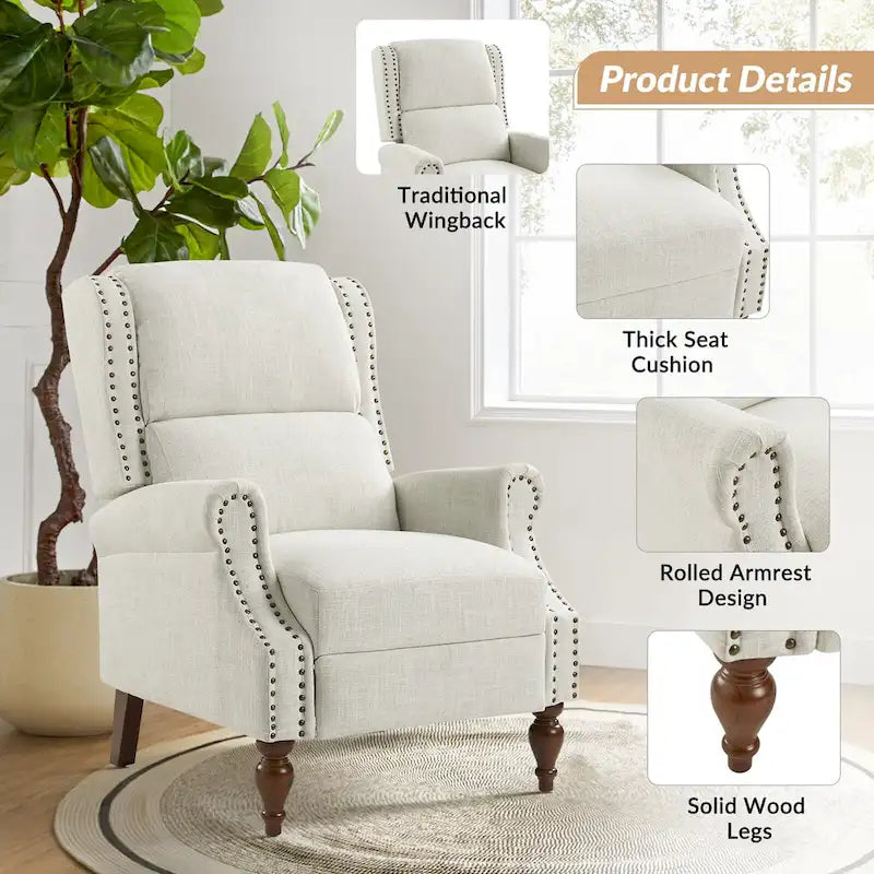 Traditional Roll Arm Manual Recliner with Solid Wood Legs, Set of 2