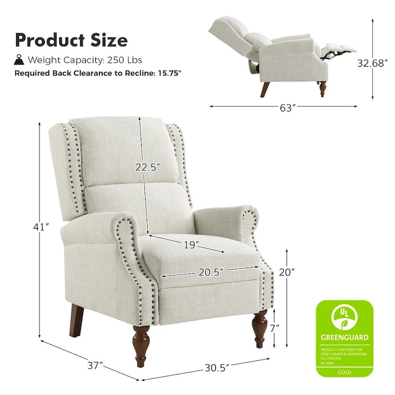 Traditional Roll Arm Manual Recliner with Solid Wood Legs, Set of 2
