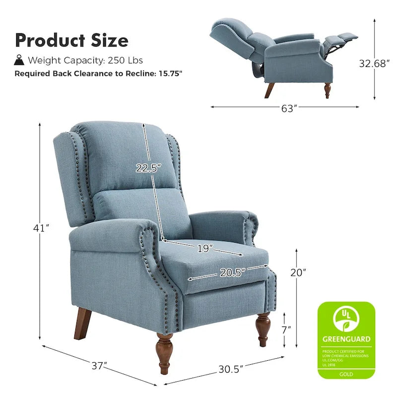 Traditional Roll Arm Manual Recliner with Solid Wood Legs, Set of 2