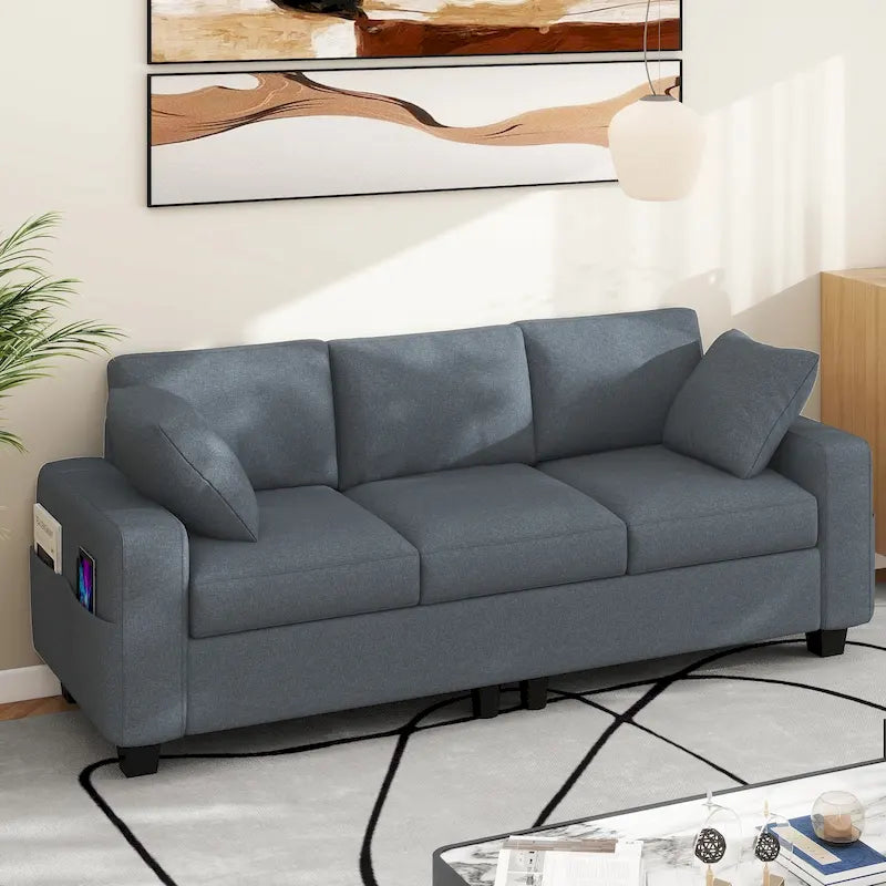 80" 3-Seater Upholstered Sofa with 2 Pillows and Side Pockets