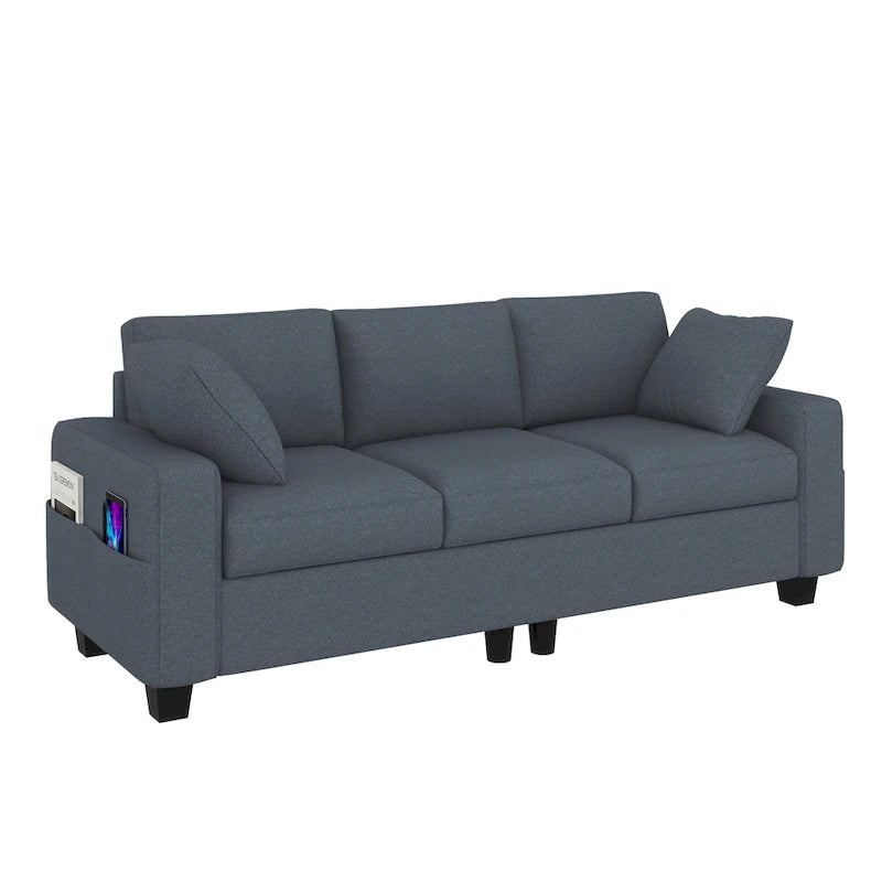 80" 3-Seater Upholstered Sofa with 2 Pillows and Side Pockets