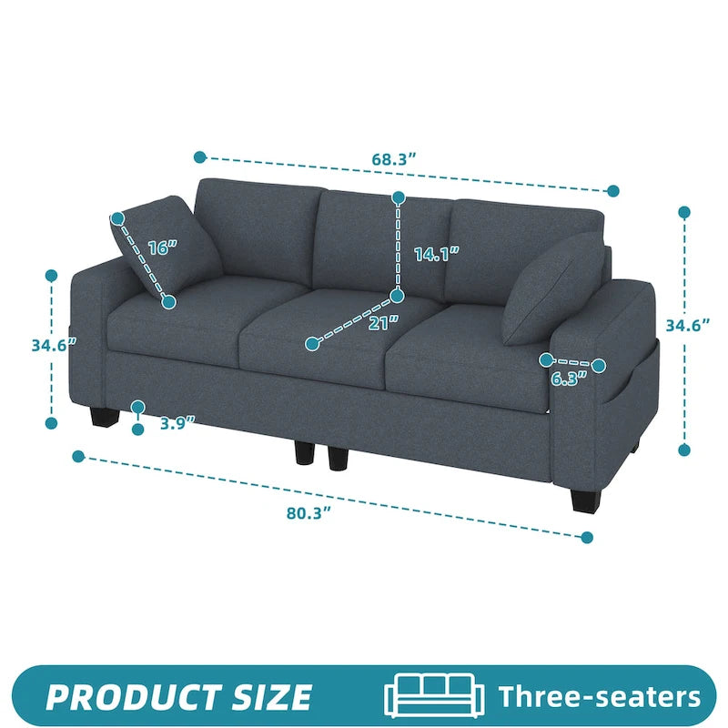 80" 3-Seater Upholstered Sofa with 2 Pillows and Side Pockets