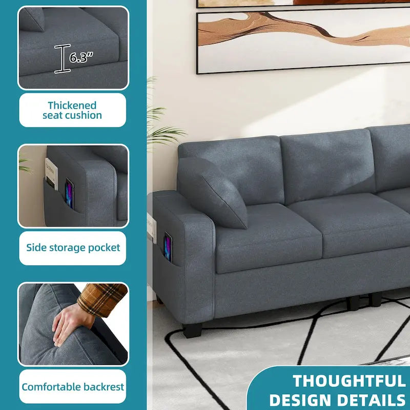 80" 3-Seater Upholstered Sofa with 2 Pillows and Side Pockets