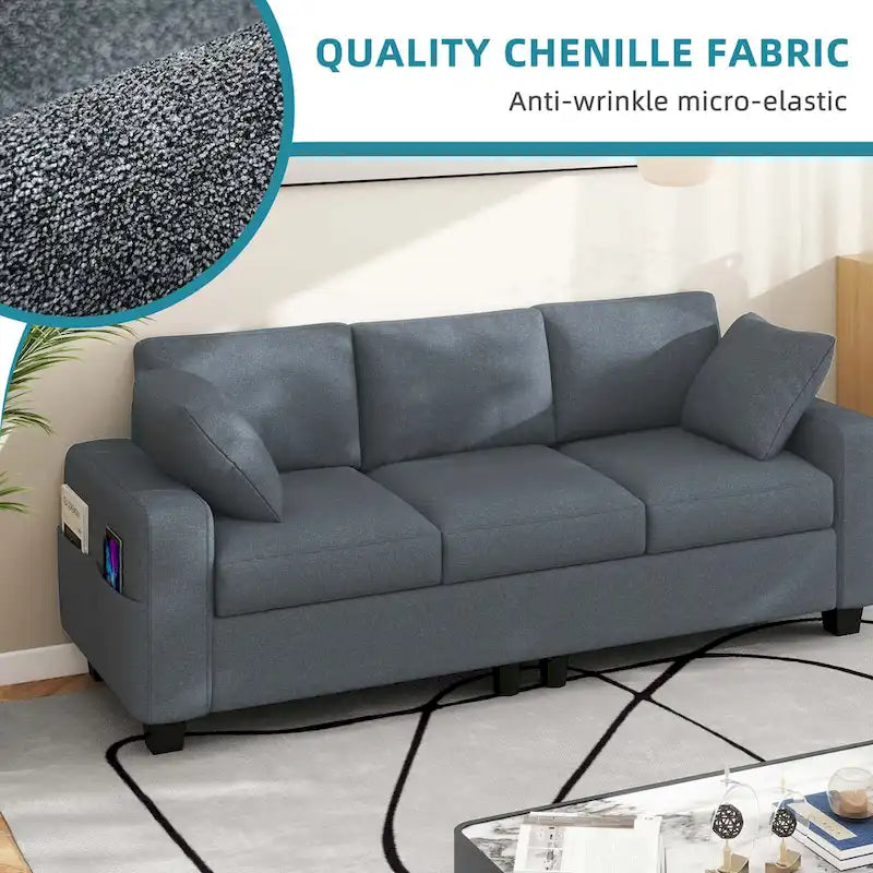 80" 3-Seater Upholstered Sofa with 2 Pillows and Side Pockets