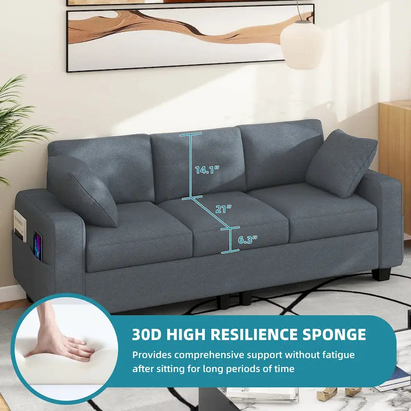 80" 3-Seater Upholstered Sofa with 2 Pillows and Side Pockets