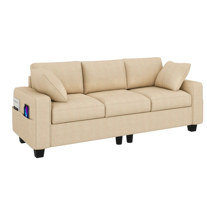 80" 3-Seater Upholstered Sofa with 2 Pillows and Side Pockets