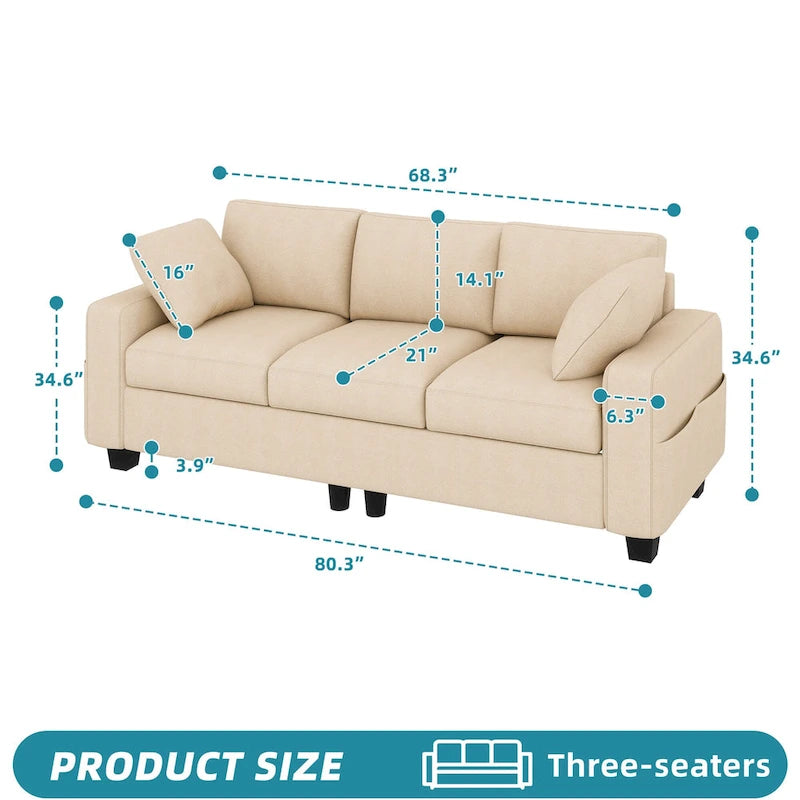 80" 3-Seater Upholstered Sofa with 2 Pillows and Side Pockets
