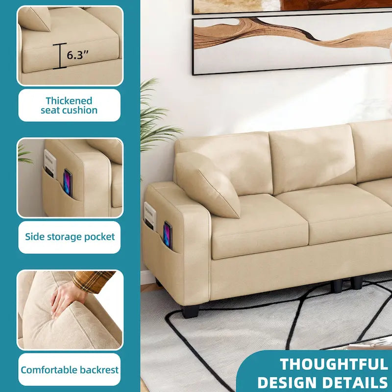 80" 3-Seater Upholstered Sofa with 2 Pillows and Side Pockets