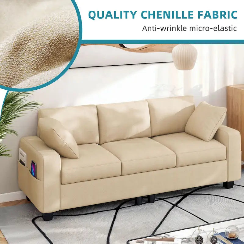 80" 3-Seater Upholstered Sofa with 2 Pillows and Side Pockets