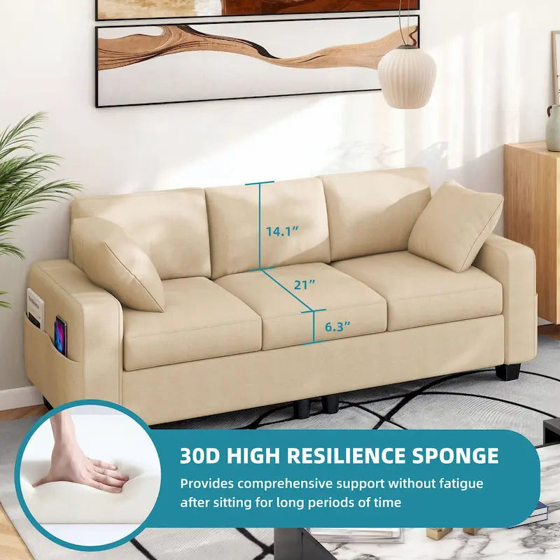 80" 3-Seater Upholstered Sofa with 2 Pillows and Side Pockets