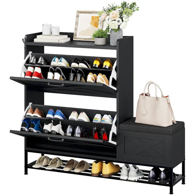 Mobile portascarpe in stile rustico con panca e spazio contenitore per ingresso, con 2 cassetti ribaltabili per 16 paia - 9.4W x 47.1L x 41.3H
