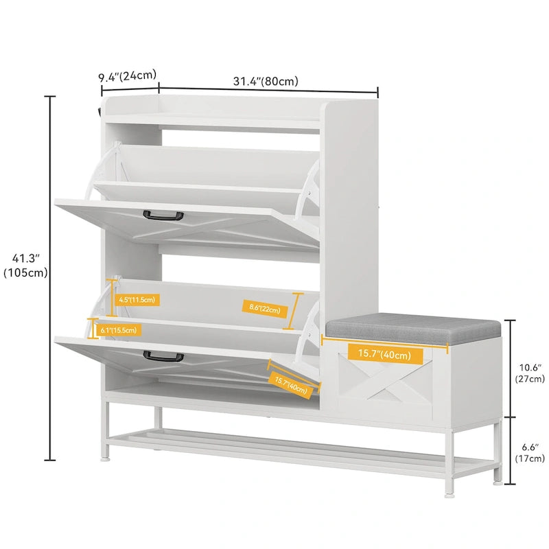 Mobile portascarpe in stile rustico con panca e spazio contenitore per ingresso, con 2 cassetti ribaltabili per 16 paia - 9.4W x 47.1L x 41.3H