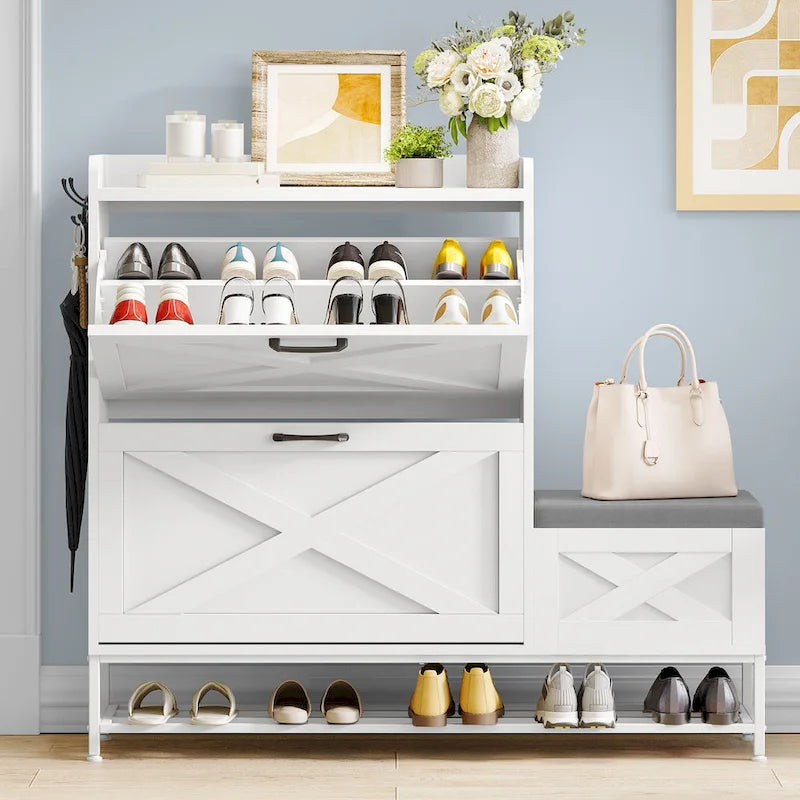 Mobile portascarpe in stile rustico con panca e spazio contenitore per ingresso, con 2 cassetti ribaltabili per 16 paia - 9.4W x 47.1L x 41.3H