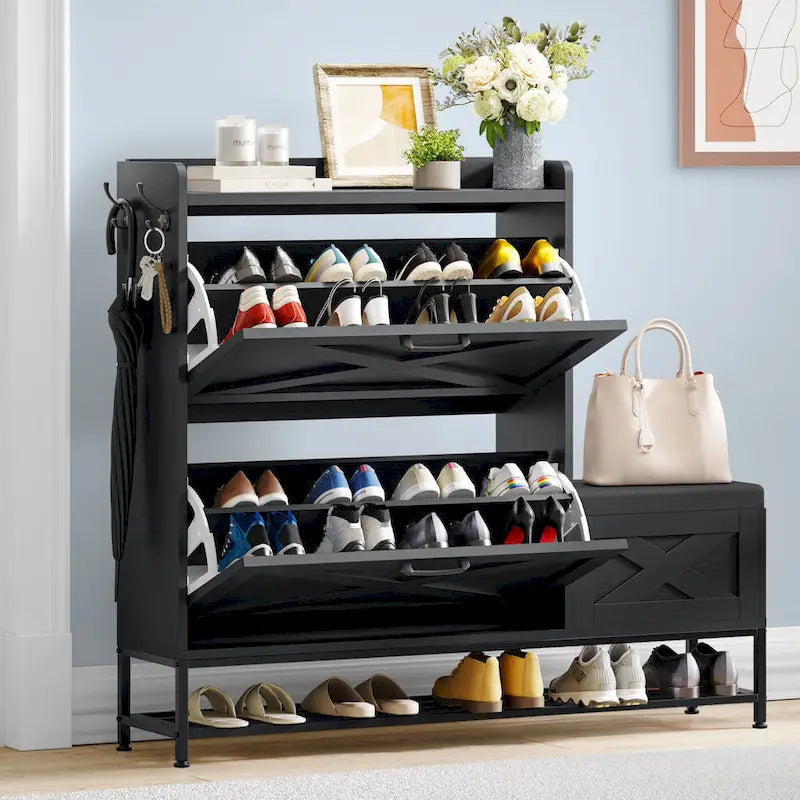 Mobile portascarpe in stile rustico con panca e spazio contenitore per ingresso, con 2 cassetti ribaltabili per 16 paia - 9.4W x 47.1L x 41.3H