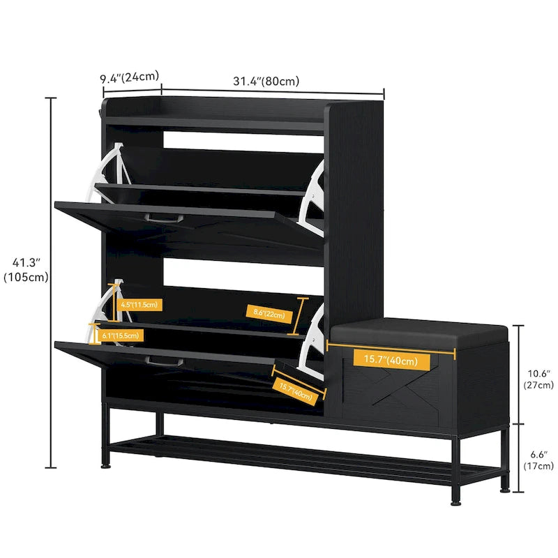 Mobile portascarpe in stile rustico con panca e spazio contenitore per ingresso, con 2 cassetti ribaltabili per 16 paia - 9.4W x 47.1L x 41.3H