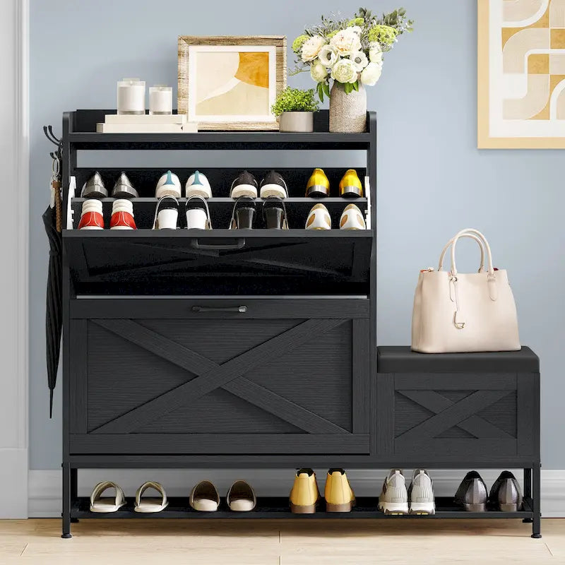 Mobile portascarpe in stile rustico con panca e spazio contenitore per ingresso, con 2 cassetti ribaltabili per 16 paia - 9.4W x 47.1L x 41.3H