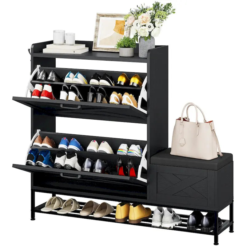 Mobile portascarpe in stile rustico con panca e spazio contenitore per ingresso, con 2 cassetti ribaltabili per 16 paia - 9.4W x 47.1L x 41.3H