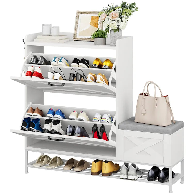 Mobile portascarpe in stile rustico con panca e spazio contenitore per ingresso, con 2 cassetti ribaltabili per 16 paia - 9.4W x 47.1L x 41.3H