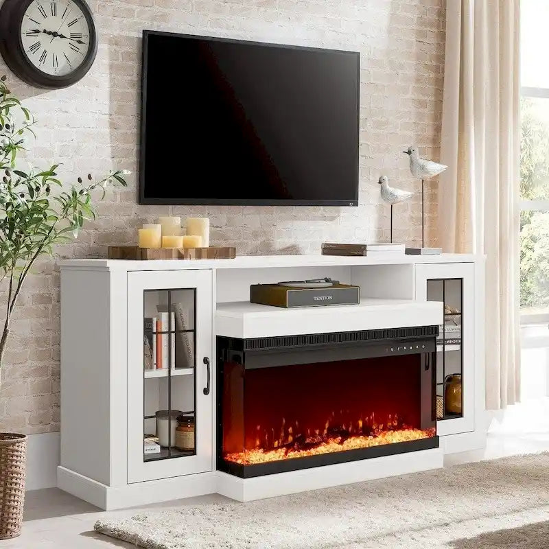Entertainment Center with Adjustable Glass Shelves and Built-in Electric Fireplace - 70"