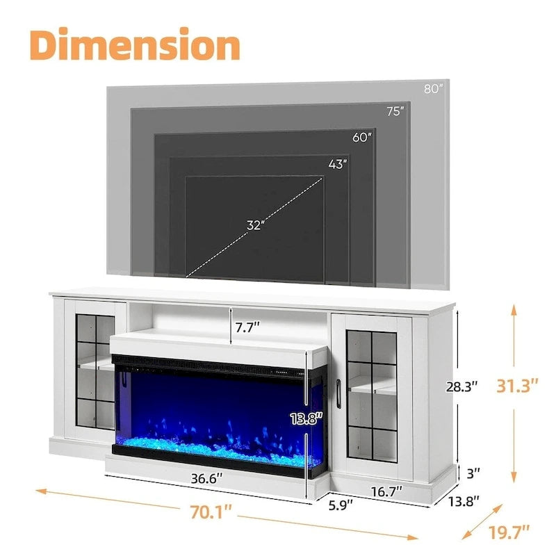 Entertainment Center with Adjustable Glass Shelves and Built-in Electric Fireplace - 70"