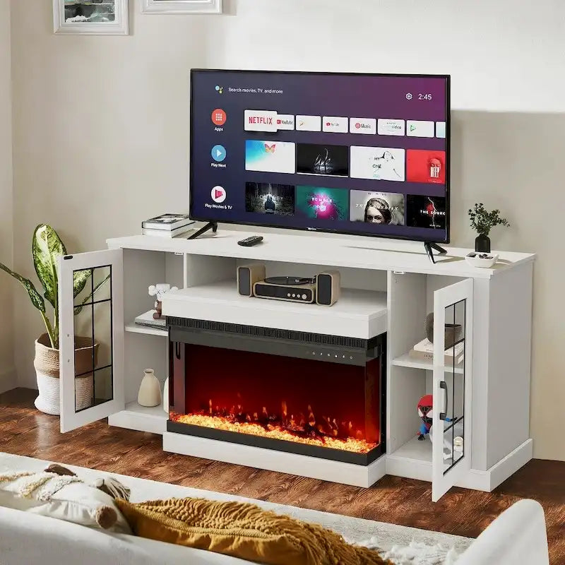Mobile porta TV con ripiani in vetro regolabili e camino elettrico integrato - 70"