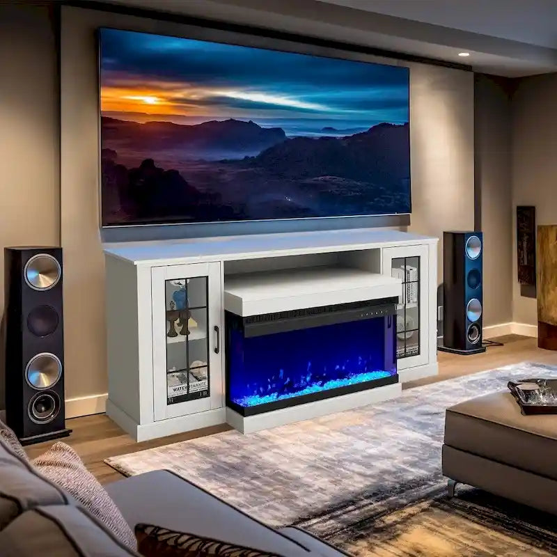 Mobile porta TV con ripiani in vetro regolabili e camino elettrico integrato - 70"