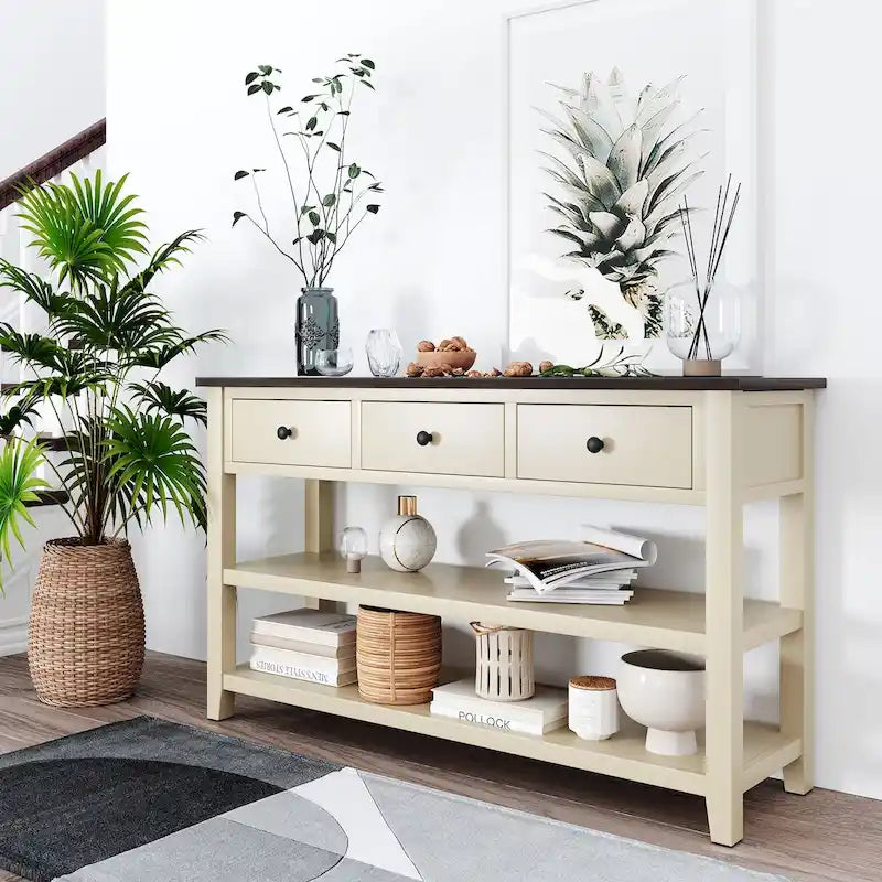 Consolle dal design retrò con due ripiani aperti, struttura e gambe in legno massello di pino per il soggiorno