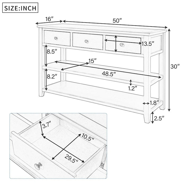Retro Design Console Table with Two Open Shelves, Pine Solid Wood Frame and Legs for Living Room
