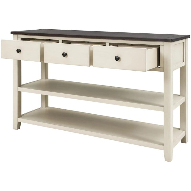 Consolle dal design retrò con due ripiani aperti, struttura e gambe in legno massello di pino per il soggiorno