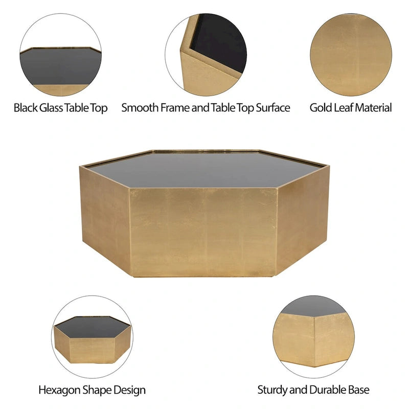 Glam Modern Wood Gold Hexagon Glass Top Coffee Table - 48 x 42 x 16